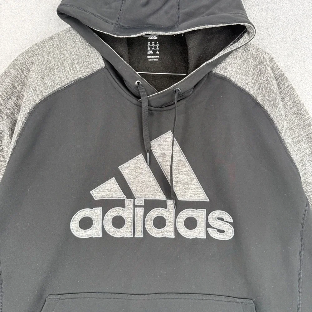 Adidas Mens 2XL Climawarm Hoodie Black Grey Raglan Logo Pullover Sweatshirt
